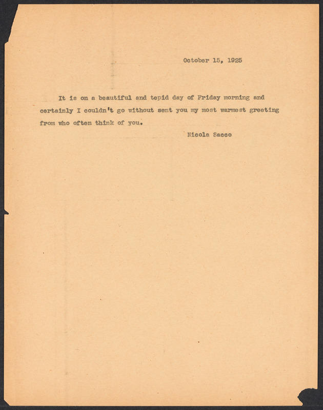 Sacco-Vanzetti Case Records, 1920-1928. Correspondence. Nicola Sacco to ...