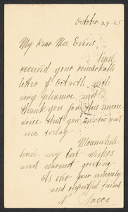 Sacco-Vanzetti Case Records, 1920-1928. Correspondence. Nicola Sacco to Mrs. Elizabeth Evans, October 24, 1925. Box 38, Folder 16, Harvard Law School Library, Historical & Special Collections