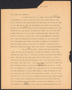 Sacco-Vanzetti Case Records, 1920-1928. Correspondence. Nicola Sacco to Mrs. Jessica Henderson, February 9, 1927. Box 38, Folder 36, Harvard Law School Library, Historical & Special Collections