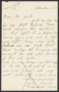 Sacco-Vanzetti Case Records, 1920-1928. Correspondence. Nicola Sacco to Mrs. Cerise Jack, November 3, 1923. Box 38, Folder 42, Harvard Law School Library, Historical & Special Collections