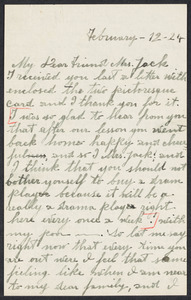 Sacco-Vanzetti Case Records, 1920-1928. Correspondence. Nicola Sacco to Mrs. Cerise Jack, February 12, 1924. Box 38, Folder 53, Harvard Law School Library, Historical & Special Collections