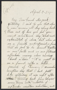 Sacco-Vanzetti Case Records, 1920-1928. Correspondence. Nicola Sacco to Mrs. Cerise Jack, April 19, 1924. Box 38, Folder 57, Harvard Law School Library, Historical & Special Collections