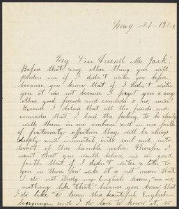 Sacco-Vanzetti Case Records, 1920-1928. Correspondence. Nicola Sacco to Mrs. Cerise Jack, May 21, 1924. Box 38, Folder 58, Harvard Law School Library, Historical & Special Collections