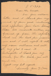 Sacco-Vanzetti Case Records, 1920-1928. Correspondence. Nicola Sacco to Kensie, n.d. Box 38, Folder 83, Harvard Law School Library, Historical & Special Collections