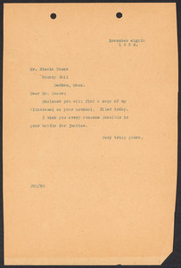 Sacco-Vanzetti Case Records, 1920-1928. Correspondence. Fred H. Moore to Nicola Sacco resignation, November 8, 1924. Box 38, Folder 100, Harvard Law School Library, Historical & Special Collections