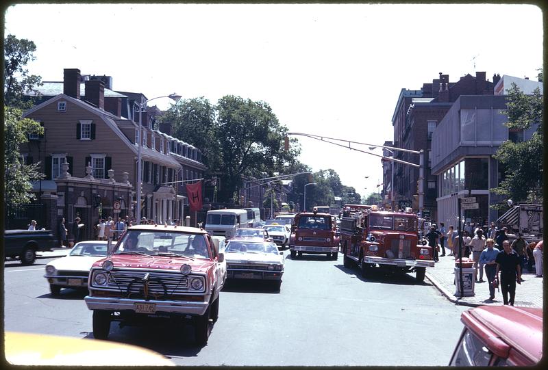 Fire trucks on Mass. Ave. near Harvard Square