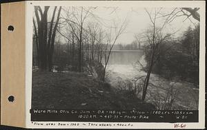 Ware Mills, Otis Co. dam, drainage area = 168 square miles, flow = 1360 cubic feet per second over dam, 400 cubic feet per second through wheels, total = 1760 cubic feet per second = 10.5 cubic feet per second per square mile, Ware, Mass., 10:20 AM, Apr. 17, 1933