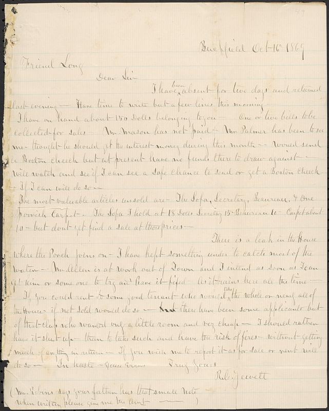 Letter from R.C. Jewett to John D. Long, October 16, 1869