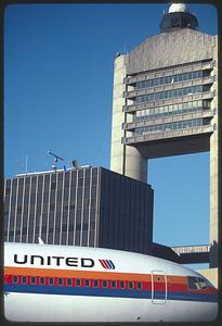 United Airlines plane and control tower, Logan Airport
