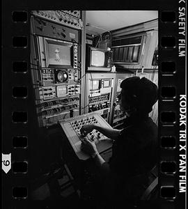 TV control room in trailer at Fenway Park, Boston