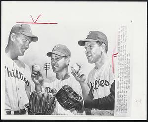 Sullivan Joins the Phillies - Frank Sullivan acquired from Boston Red Sox in trade for Gene Conley reported today for Phillies opening of spring training. Manager Gene Mauch stands with his two big pitchers Frank Sullivan, left, and the Phillies all time great pitcher Robin Roberts.