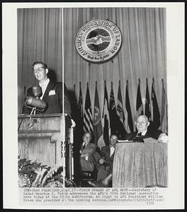 Tobin Speaks at AFL Meet – Secretary of Labor Maurice J. Tobin addresses the AFL’s 70th National convention here today at the Civic Auditorium. At right is AFL President William Green who presided at the opening session.