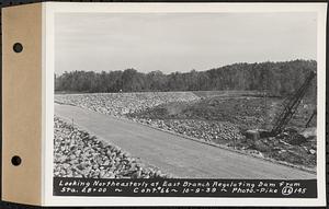 Contract No. 66, Regulating Dams, Middle Branch (New Salem), and East Branch of the Swift River, Hardwick and Petersham (formerly Dana), looking northeasterly at east branch regulating dam from Sta. 28+00, Hardwick, Mass., Oct. 9, 1939