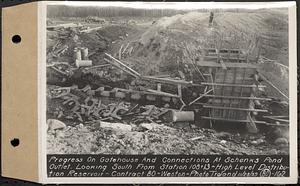 Contract No. 80, High Level Distribution Reservoir, Weston, progress on gatehouse and connections at Schenck's Pond outlet, looking south from Sta. 108+13, high level distribution reservoir, Weston, Mass., Nov. 28, 1939