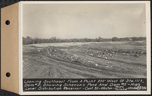 Contract No. 80, High Level Distribution Reservoir, Weston, looking southeast from a point 200 feet west of Sta. 111+/-, dam 5, showing Schenck's Pond and dam 5, high level distribution reservoir, Weston, Mass., May 29, 1940