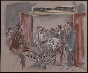 Courtroom scene with man on gurney