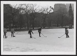 Playing ice hockey on the Boston Public Garden Pond