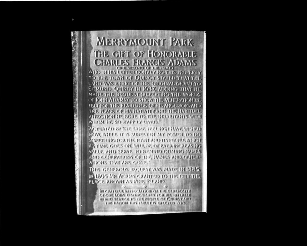 Inscription on memorial tablet to Charles Francis Adams, at Merrymount Park