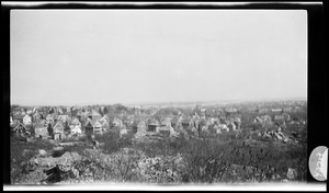 View from N. Common looking N&E showing Cranch Hill, Pres Hill & belfry of First Church