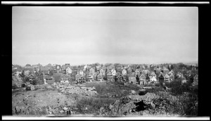 View from N. Common looking N&E showing Cranch Hill, Pres Hill & belfry of First Church
