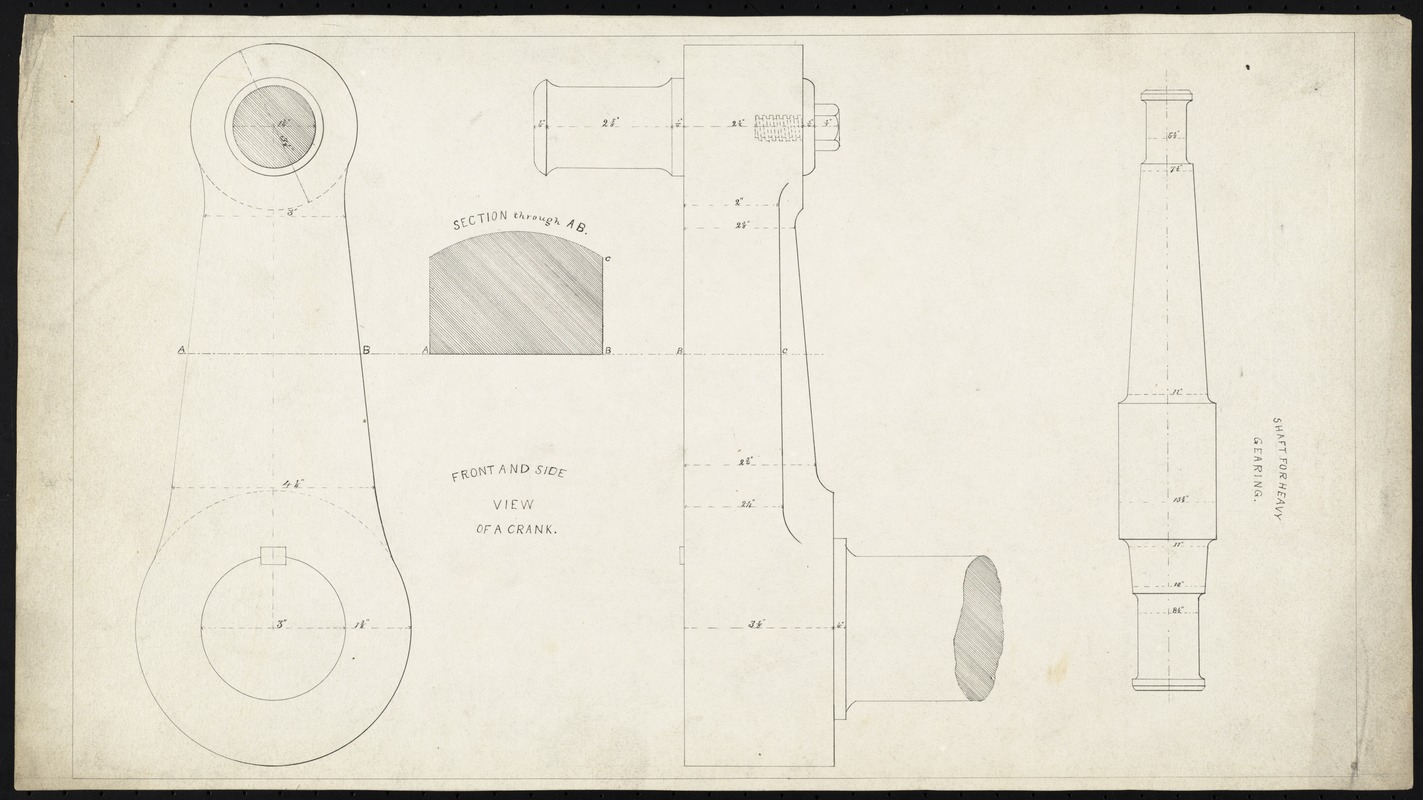 Front and side view of crank; shaft for heavy gearing