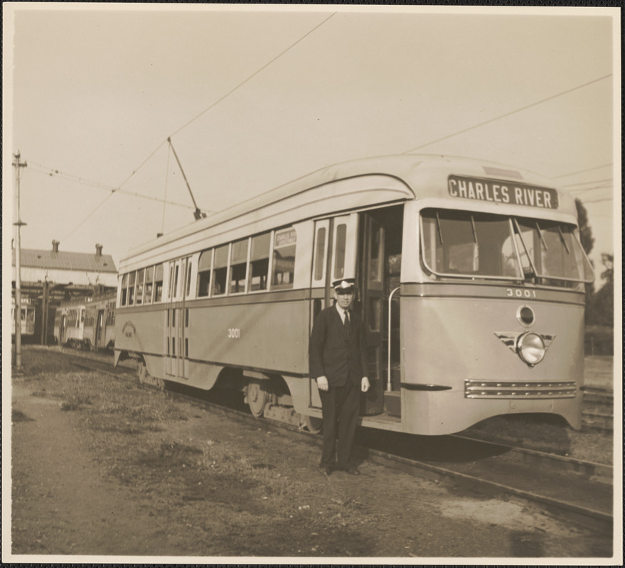 Charles River street rail car #3001 and uniformed man