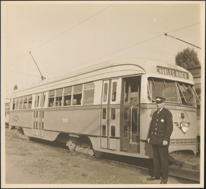 Charles River street rail car #3001 and uniformed man