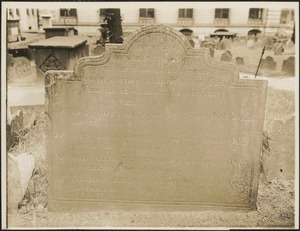 Here lies buried John Cotton aged 67 years, died 1652, John Davenport aged 72 years, died 1670, John Oxenbridgdge aged 66 years, died 1675, Thomas Bridge aged 58 years, died 1715