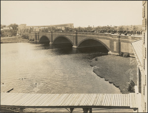 Larz Anderson Bridge and Harvard Stadium, from Cambridge
