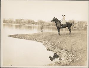 Woman sitting astride a horse by water