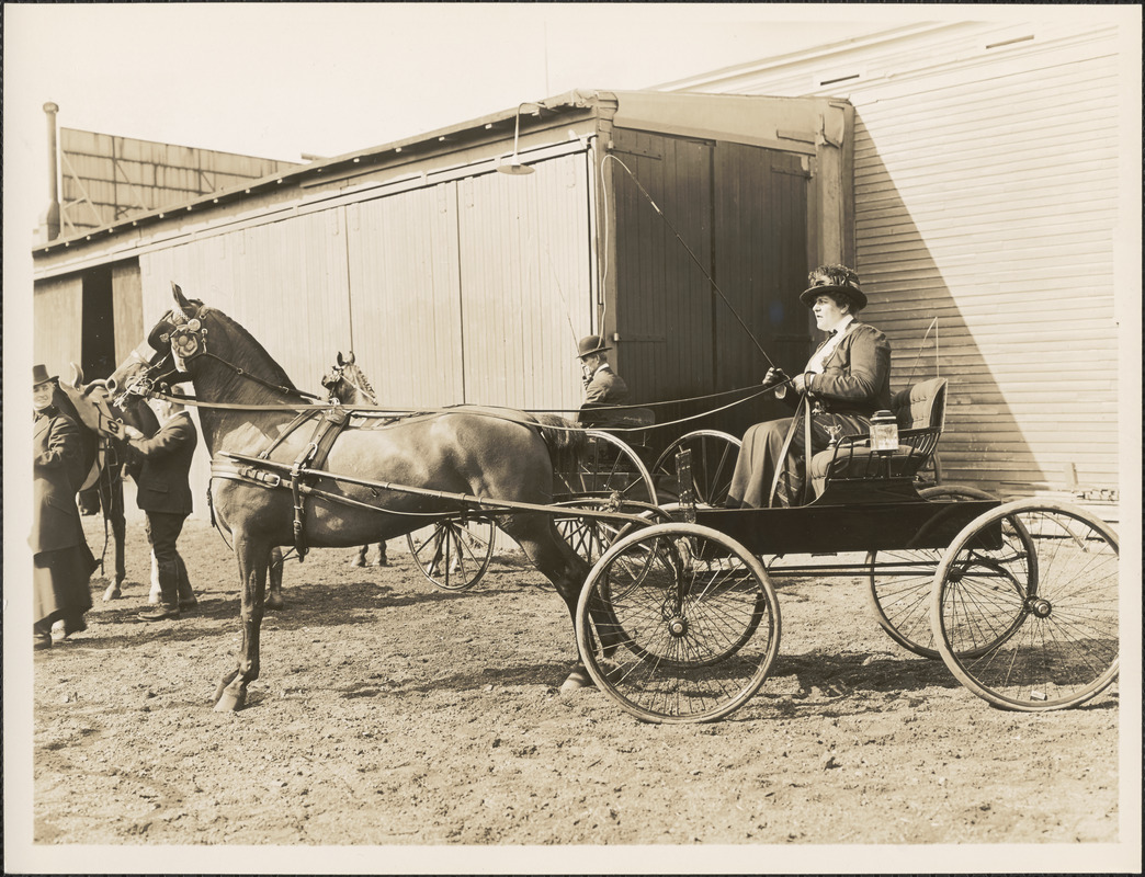 Miss Alice Sargent in Larz Anderson horse and buggy, Miss Dorothy Forbes looks on, Brookline Riding School