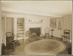 Roger G. Pierce east room with fireplace and two open doors, stairway seen through one door (interior)