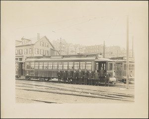 Ten street railway employees in front of South Huntington Avenue streetcar