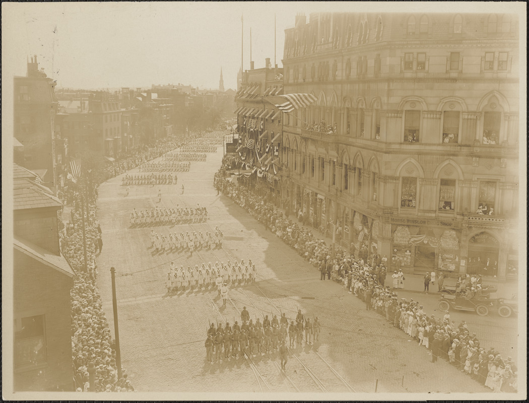 Army and Navy marching, first men to World War l, Tremont Street at the corner of Dover Street and Berkeley Street