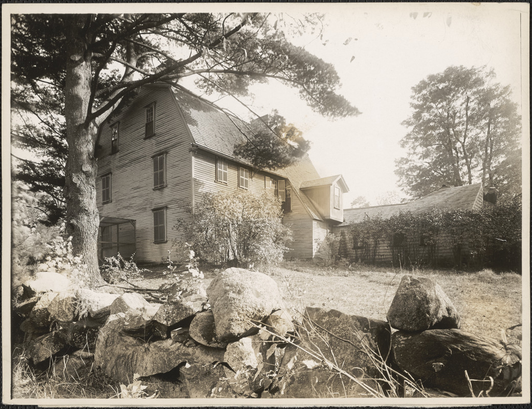 Side view of Old Manse near stone wall, Concord, Mass.