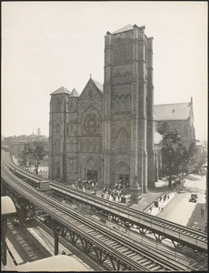 Crowd coming out of the Cathedral of the Holy Cross, corner of Malden Street and Washington Street