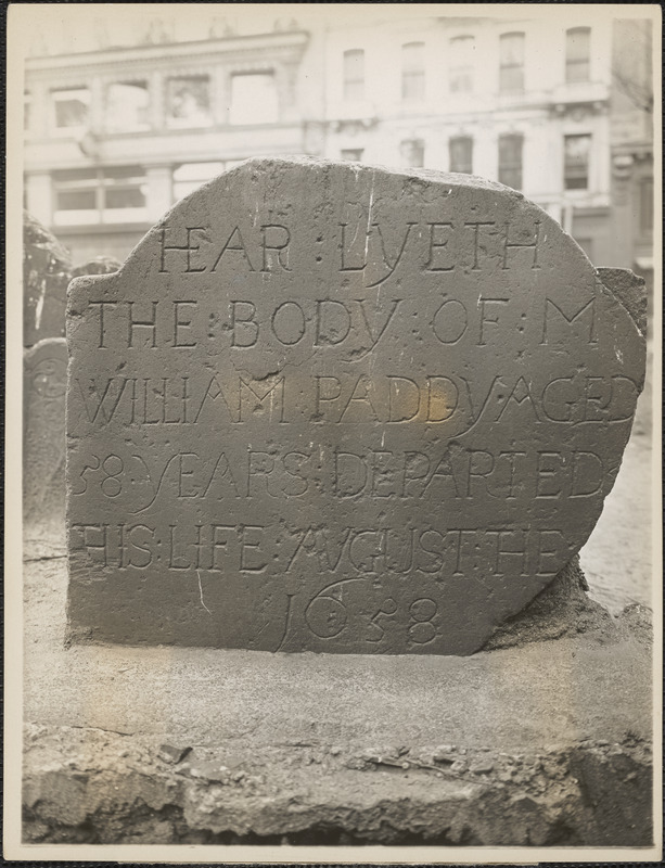 William Paddy 1658. Oldest head-stone in King's Chapel Burial Ground, Tremont and School Streets, Boston, Massachusetts