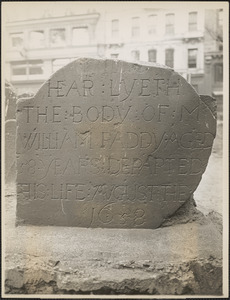 William Paddy 1658. Oldest head-stone in King's Chapel Burial Ground, Tremont and School Streets, Boston, Massachusetts