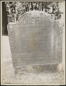 The grave of Benjamin Woodbridge, the young victim of the duel on the common in 1728, is midway between the gate and Park Street Church, near the fence
