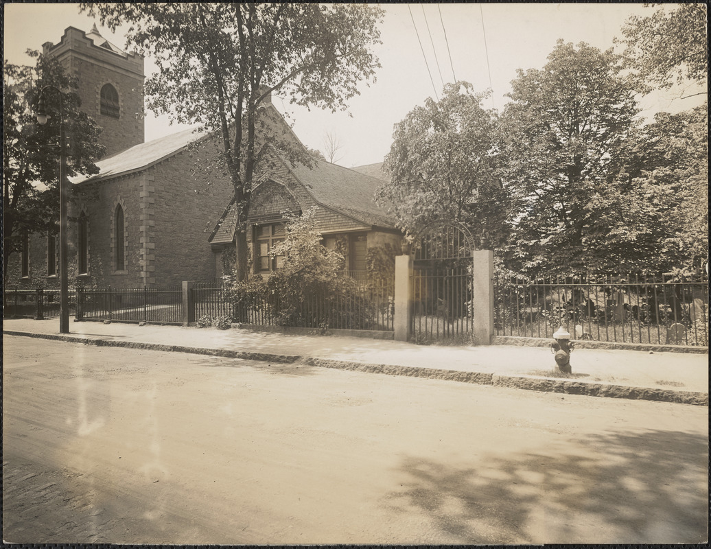Unitarian church and burying ground at Eliot Street and Centre Street