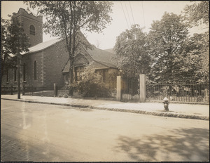 Unitarian church and burying ground at Eliot Street and Centre Street, Jamaica Plain