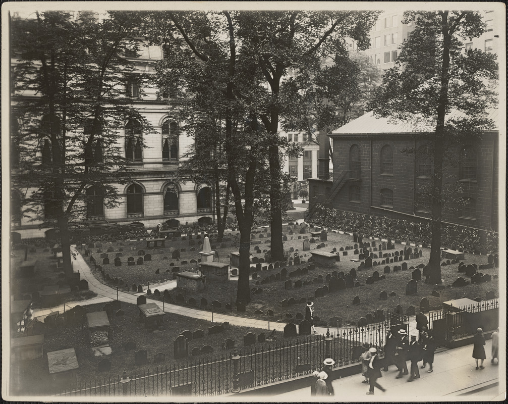 King's Chapel burial ground, background is City Hall and King's Chapel Church