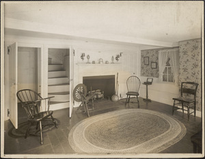 Roger G. Pierce east room with fireplace and two open doors, stairway seen through one door (interior)