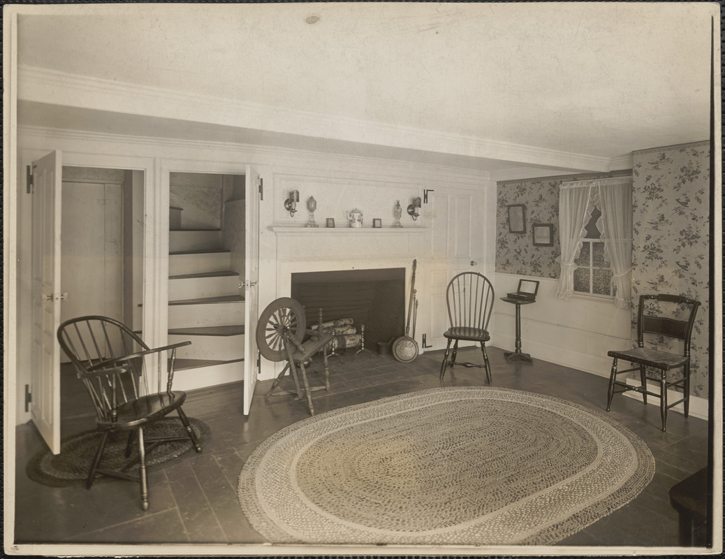 Roger G. Pierce east room with fireplace and two open doors, stairway seen through one door (interior)