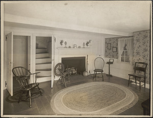Roger G. Pierce east room with fireplace and two open doors, stairway seen through one door (interior)