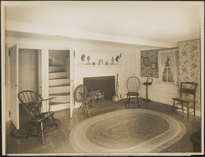 Roger G. Pierce east room with fireplace and two open doors, stairway seen through one door (interior)