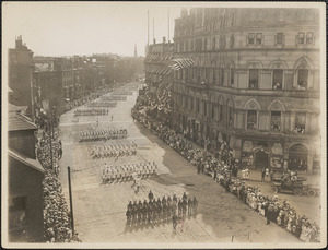 Army and Navy marching, first men to World War l, Tremont Street at the corner of Dover Street and Berkeley Street