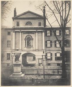 Franklin St. at Arch Street. The old Boston Library over the arch