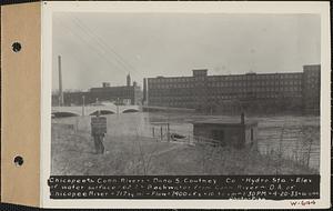 Chicopee and Connecticut Rivers, Dana S. Coutney [Courtney] Co., hydroelectric station, elevation of water surface = 62.7, backwater from Connecticut River, drainage area of Connecticut River = 717 square miles, flow = 7400 cubic feet per second = 10.3 cubic feet per second per square mile, Chicopee, Mass., 1:30 PM, Apr. 20, 1933