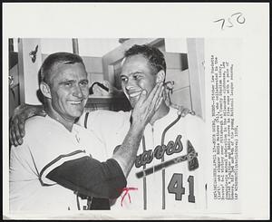 Nice Going, Buddy--Pitcher Lew Burdette (left), and slugger Eddie Mathews (41), who collaborated in the Braves' 6-1 victory over Pittsburgh at County Stadium today, demonstrate mutual admiration in the Milwaukee clubhouse. Lew hurled a 7-hitter and Eddie drove in five runs with a pair of homers, his 3rd and 4th of the young National League season.